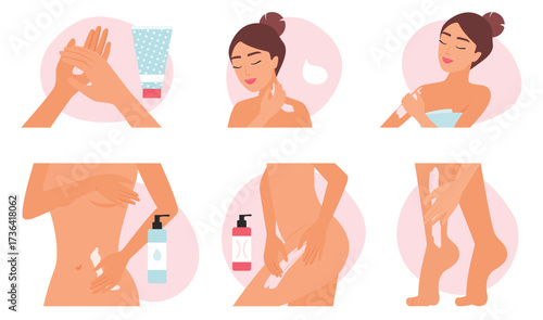 Body skin care set vector illustration. Cartoon skincare infographic collection with female character applying cream or lotion on different parts of body, massage for arms and legs with cosmetics