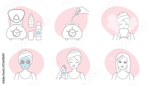 Face spa infographic line icons set vector illustration. Hand drawn outline girls using aroma diffuser with water stream and healthy oil, healthy clay mask to care, clean and moisture facial skin