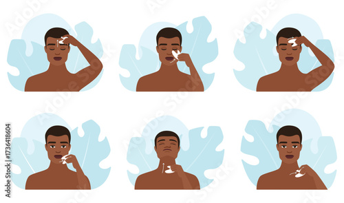 Gua sha facial massage, infographic set vector illustration. Cartoon dark skin male massaging skin of face and neck, young guys holding jade stone guasha massagers for lifting and lymphatic drainage