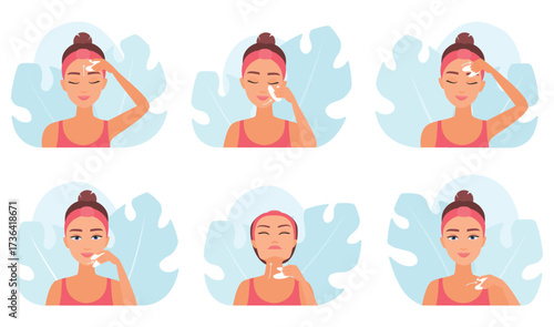 Gua sha massage set vector illustration. Cartoon infographic instructions of facial skin massage with woman making drainage of face and neck along arrow lines with jade or quartz stone massager