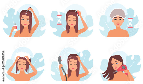 Hair beauty treatment, steps of spa procedures set vector illustration. Cartoon girls apply oil essence, massage with comb and wash with water and shampoo in shower, dry wet hair with hairdryer