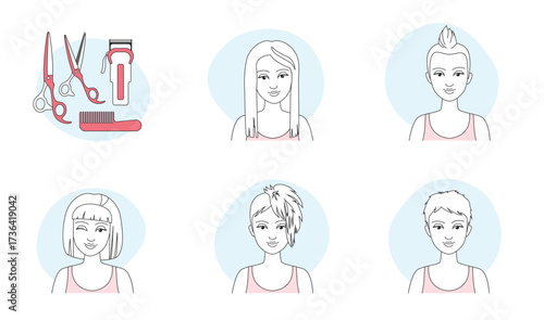 Haircuts of woman set vector illustration. Thin line style portrait of cute girls with different hairstyles, happy female character with fashion short and long hair, salon scissors, comb and clipper