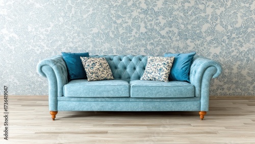 A light blue sofa with decorative cushions sits in a room with a light blue floral wallpaper.