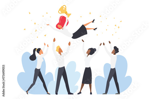 Employees toss winner with prize in air vector illustration. Cartoon happy business people celebrate success, office characters throw up best colleague or leader holding golden cup among confetti