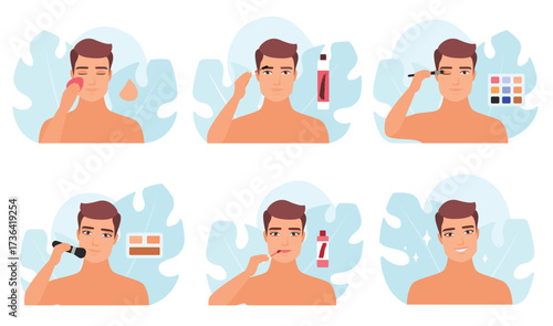 Makeup for man set vector illustration. Cartoon portrait of handsome male characters holding makeup sponge and brushes, making professional makeover with facial cosmetic products, beauty care