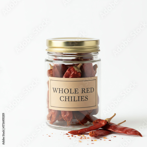 A glass jar of whole red chillies on white background