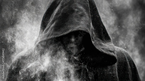 Mysterious dark hooded figure shrouded in swirling smoke and dust. Dramatic black and white portrait of an enigmatic silhouette.