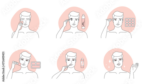 Makeup for man set vector illustration. Thin line portrait of handsome male characters holding makeup sponge and brushes, making professional makeover with facial cosmetic products, beauty care