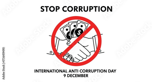 Illustration of hands shaking over money with a stop sign, symbolizing anti-corruption and ethical business practices.