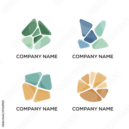 Abstract geometric shapes logo design elements in various color palettes.