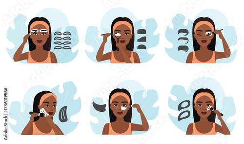 How to use makeup stencil, tutorial and infographic set vector illustration. Dark skin woman applying eyeshadow, eyebrow, eyeliner using brush and shaper tools, make up of female model with templates