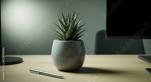 Office desk with a small potted plant and a pen.