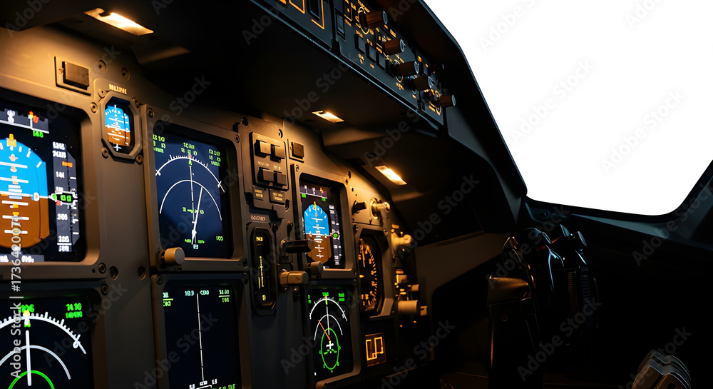 Fototapeta premium A cockpit interior showing the instrument panel and various displays