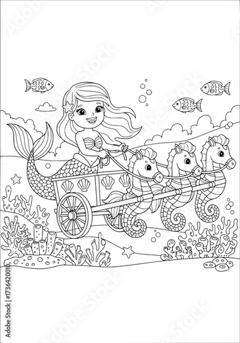 A mermaid child rides a carriage pulled by seahorses. coloring book