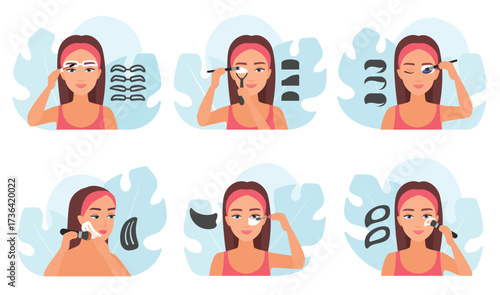 How to use makeup stencil, tutorial and infographic set vector illustration. Cartoon woman applying eyeshadow, eyebrow and eyeliner using brush and shaper tools, make up of female model with templates