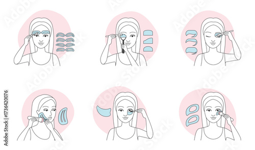 How to use makeup stencil, tutorial and infographic set vector illustration. Thin lin woman applying eyeshadow, eyebrow, eyeliner using brush and shaper tools, make up of female model with templates