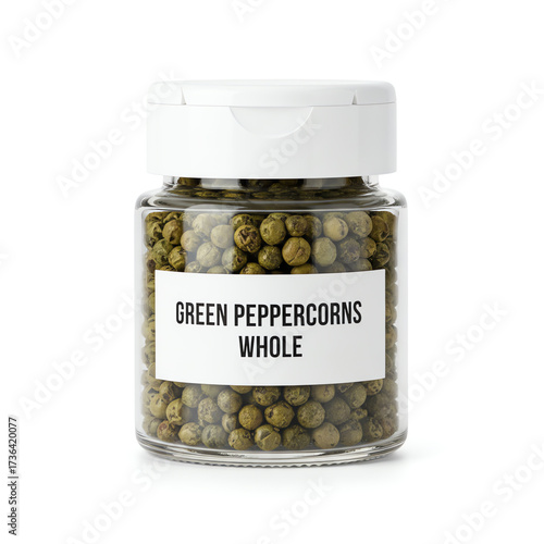 A glass jar of green peppercorns whole on white background