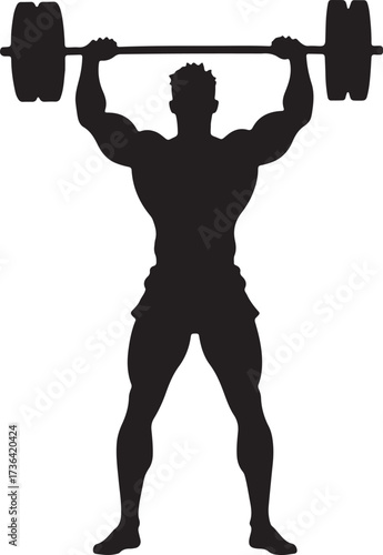 Black silhouette of muscular man lifting barbell overhead