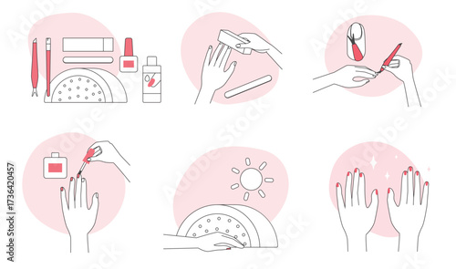 Steps of manicure and nail polish line icons set vector illustration. Hand drawn outline female hands using nail file and cuticle remover, painting fingernails, drying under UV lamp in salon or home
