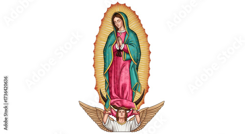 Isolated Virgin Mary, Angel Wings and Halo against radiant background, holy symbol icon