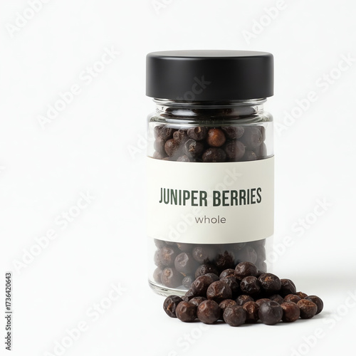 A glass jar of juniper berries on white background