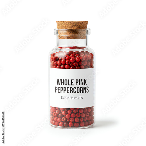 A glass jar of whole pink peppercorns  on white background