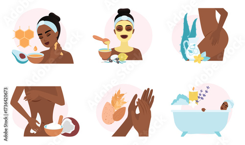 Natural homemade cosmetics set vector illustration. Cartoon dark skin girl apply beauty treatment and spa diy remedy from organic food ingredients, body and facial care with vitamins and essential oil