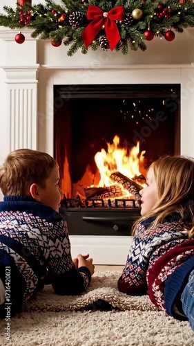 Two children in festive sweaters lying on a cozy rug, sharing a joyful moment by the fireplace, with flames dancing and holiday decorations enhancing the warm atmosphere of the scene