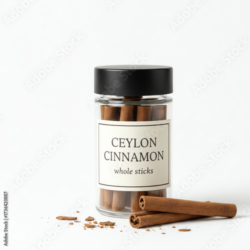 A glass jar of ceylon cinnamon on white background