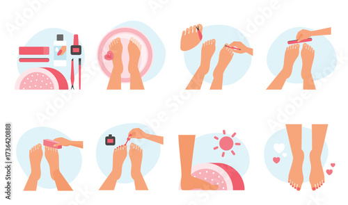 Pedicure set vector illustration. Cartoon isolated scenes with spa treatment and bath hygiene, female hand holding file and cuticle clipper, nail polish to care womans feet, beauty cosmetic bottles