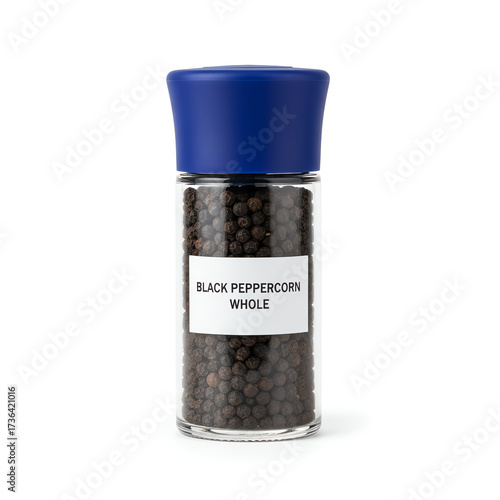 A glass jar of black peppercorn whole on white background