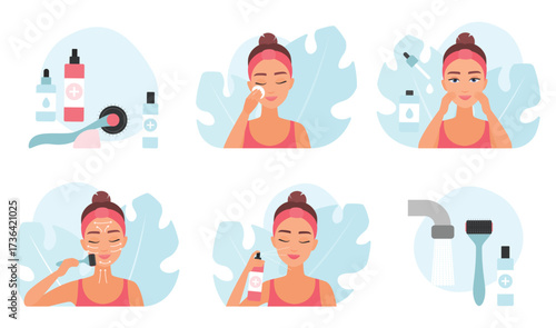 Roller massage guide steps for aging skin vector illustration. Cartoon portrait of girls cleansing face with cotton pads, applying moisturizing serum for massage along facial lines with roller at home