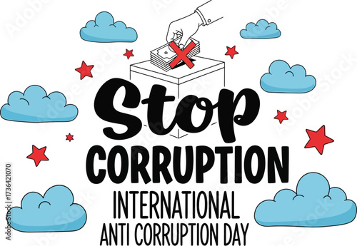 Stop corruption concept with voting box and clouds, celebrating International Anti Corruption Day.