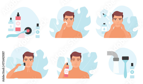 Derma roller massage for man set vector illustration. Cartoon male characters applying moisturizing serum, massaging skin of face along massage lines with dermaroller, beauty treatment in cosmetology