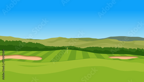Green golf field with blue sky vector background