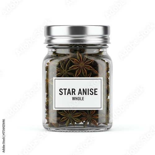 A glass jar of star anise on white background