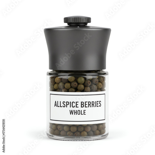 A glass jar of allspice berries whole on white background