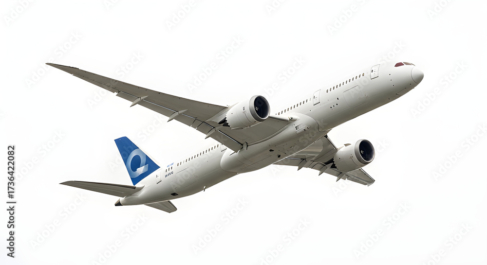 Obraz premium A commercial aircraft soaring through the sky. The aircraft is depicted in flight, showcasing its sleek design and powerful engines. This image captures the essence of travel, exploration.