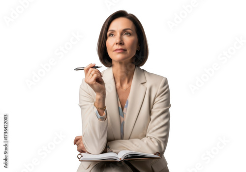 Professional woman thinking with pen and notebook, businesswoman planning strategy, isolated portrait on transparent background