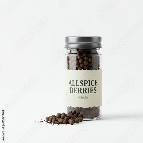 A glass jar of allspice berries on white background