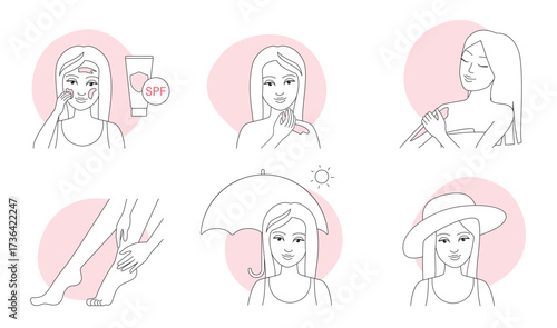 Application of sunscreen, skincare instructions thin line icons set vector illustration. Outline girls apply sunblock cream or lotion on skin of face and body, female characters use umbrella and hat