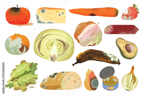Spoiled food with bacteria and mold, including rotten fruit, vegetables and produce. Expired ingredients with dirt and rot on the surface. Cartoon vector illustration