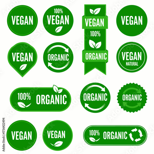 Set of eco friendly icons. Ecologic food stamps. Organic natural food labels. 100% natural, bio, vegan, green, icon, logo, badge, sticker, emblem, symbol, line, flat vector, isolated illustration.