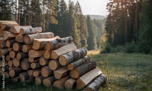 Pile of Firewood in a Forest with Sunlight.