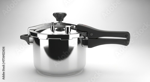 Shiny metal pressure cooker with black handle on a neutral surface for kitchen cooking white background