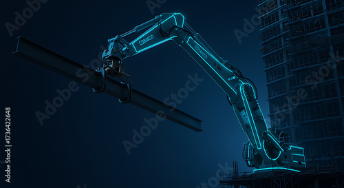 Robotic crane arm lifting steel beam at construction site