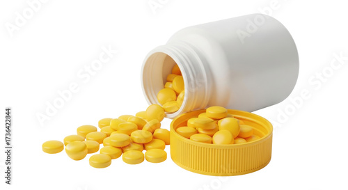 Photos Isolated yellow pills spilled from a white plastic bottle with the lid full of m