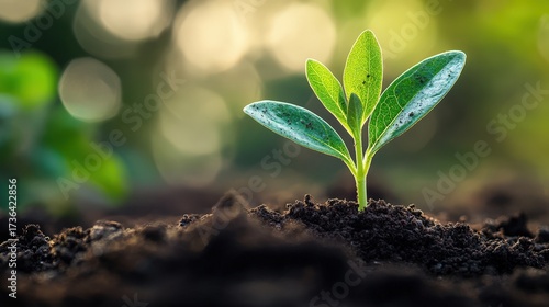 A close-up of a green seedling sprouting from fertile soil, representing growth, sustainability, and new beginnings.