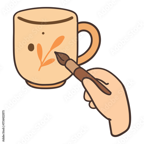 Cute kawaii doodle vector illustration of a hand painting a ceramic clay cup with a brush. Cozy handmade pottery decoration in pastel cartoon style, creative craft and DIY.
