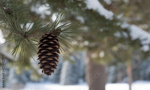 Pine cone hanging from a tree branch in winter.